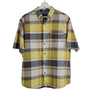 Woolrich M Plaid Button up Shirt Short Sleeves 100% Cotton yellow blue gray‎